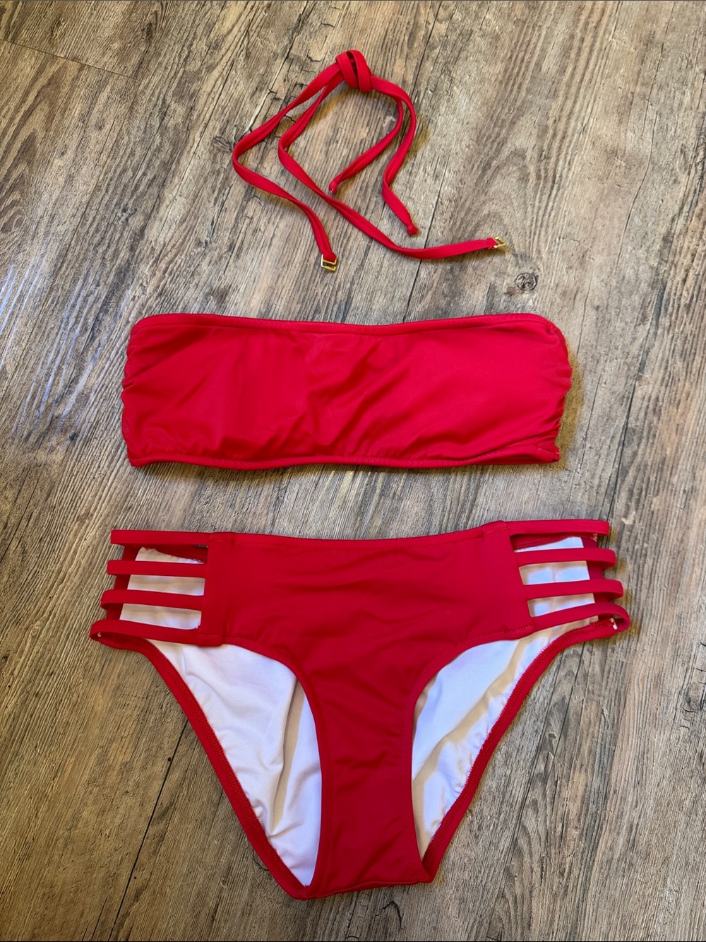 VENUS Red Strappy Bandeau Bikini Set with Triple-Side Detail